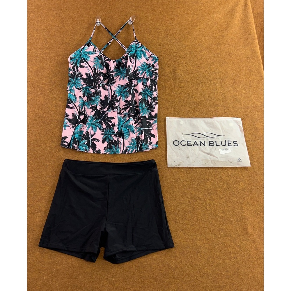 Ocean Blues Womens XL Pink Coconut Tree Black Tankini Set Swimsuit NWT